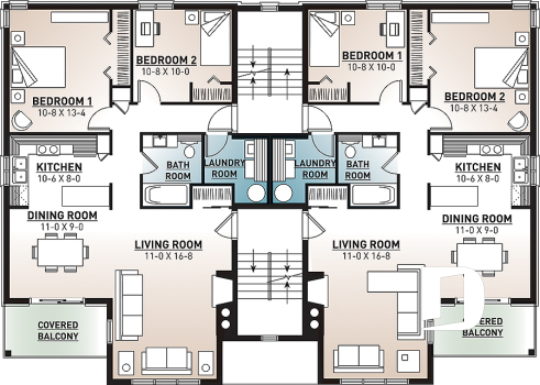 2nd level - 8 unit apartment building plan, 2 bedrooms, great kitchen, dining and living layout, laundry room, fireplace - Robusta