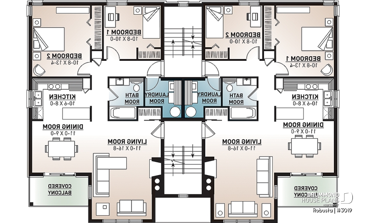 2nd level - 8 unit apartment building plan, 2 bedrooms, great kitchen, dining and living layout, laundry room, fireplace - Robusta