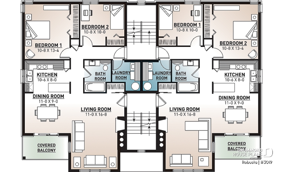 3rd level - 8 unit apartment building plan, 2 bedrooms, great kitchen, dining and living layout, laundry room, fireplace - Robusta
