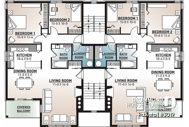 3rd level - 8 unit apartment building plan, 2 bedrooms, great kitchen, dining and living layout, laundry room, fireplace - Robusta