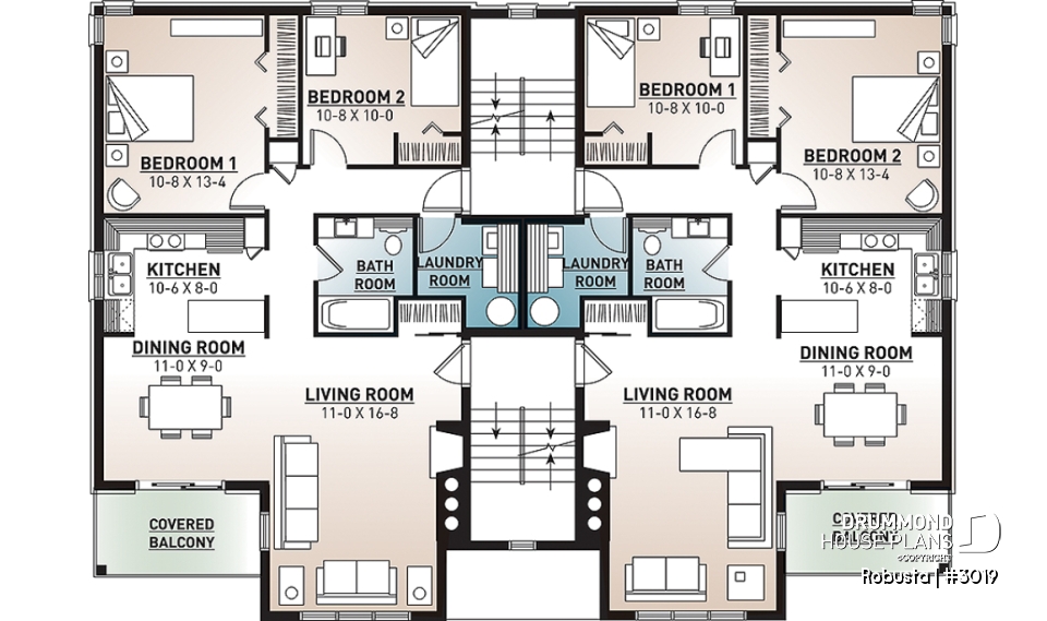 3rd level - 8 unit apartment building plan, 2 bedrooms, great kitchen, dining and living layout, laundry room, fireplace - Robusta
