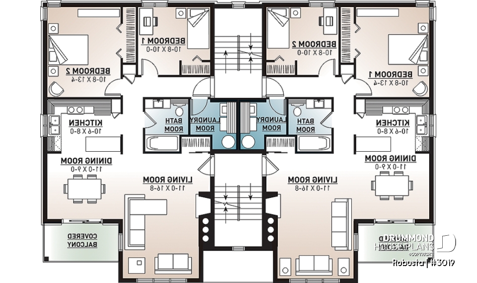 3rd level - 8 unit apartment building plan, 2 bedrooms, great kitchen, dining and living layout, laundry room, fireplace - Robusta