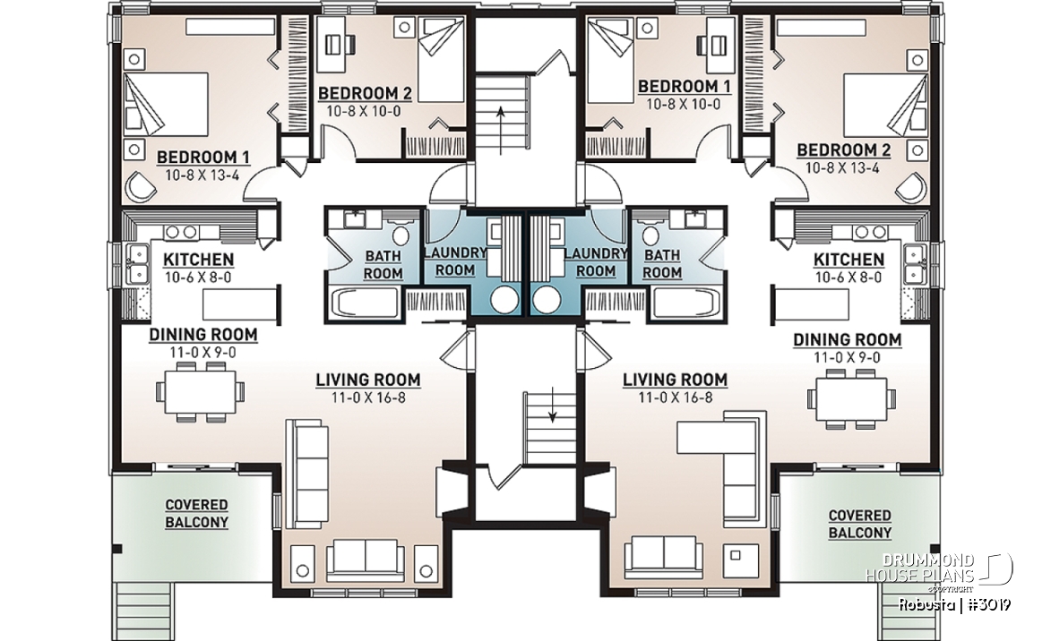 Basement - 8 unit apartment building plan, 2 bedrooms, great kitchen, dining and living layout, laundry room, fireplace - Robusta