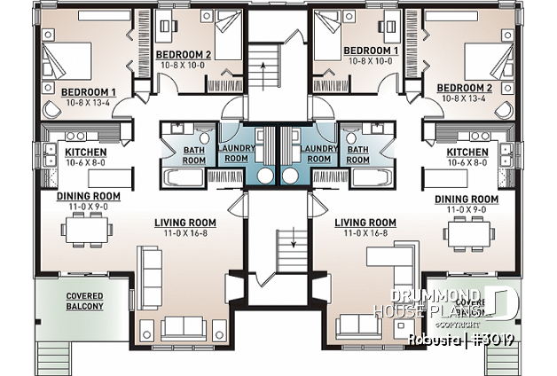 Basement - 8 unit apartment building plan, 2 bedrooms, great kitchen, dining and living layout, laundry room, fireplace - Robusta