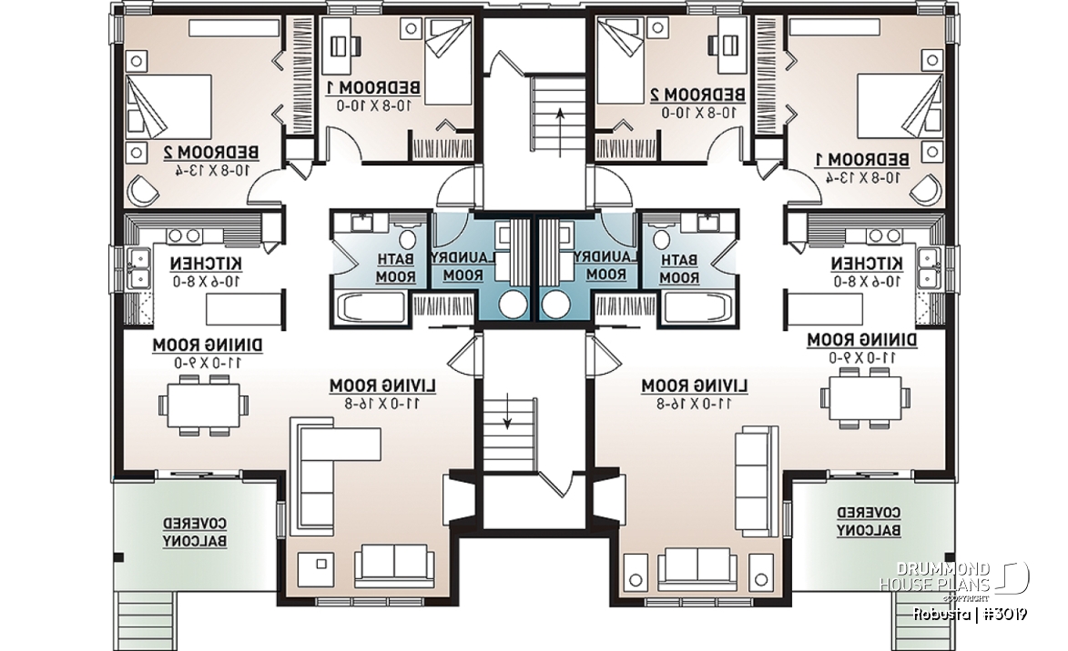 Basement - 8 unit apartment building plan, 2 bedrooms, great kitchen, dining and living layout, laundry room, fireplace - Robusta