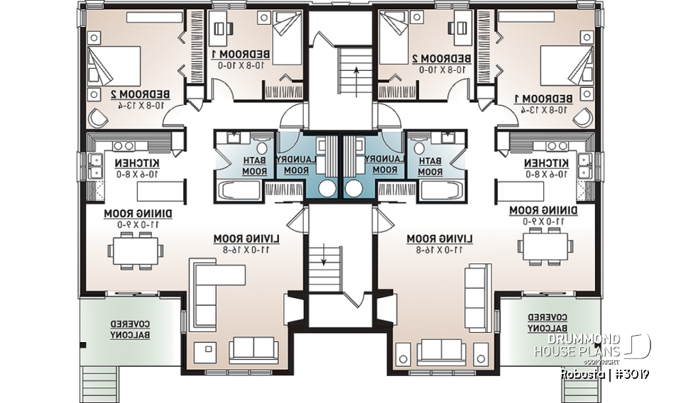 Basement - 8 unit apartment building plan, 2 bedrooms, great kitchen, dining and living layout, laundry room, fireplace - Robusta
