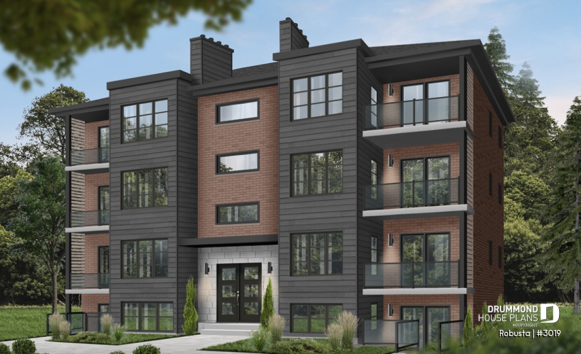 front - BASE MODEL - 8 unit apartment building plan, 2 bedrooms, great kitchen, dining and living layout, laundry room, fireplace - Robusta