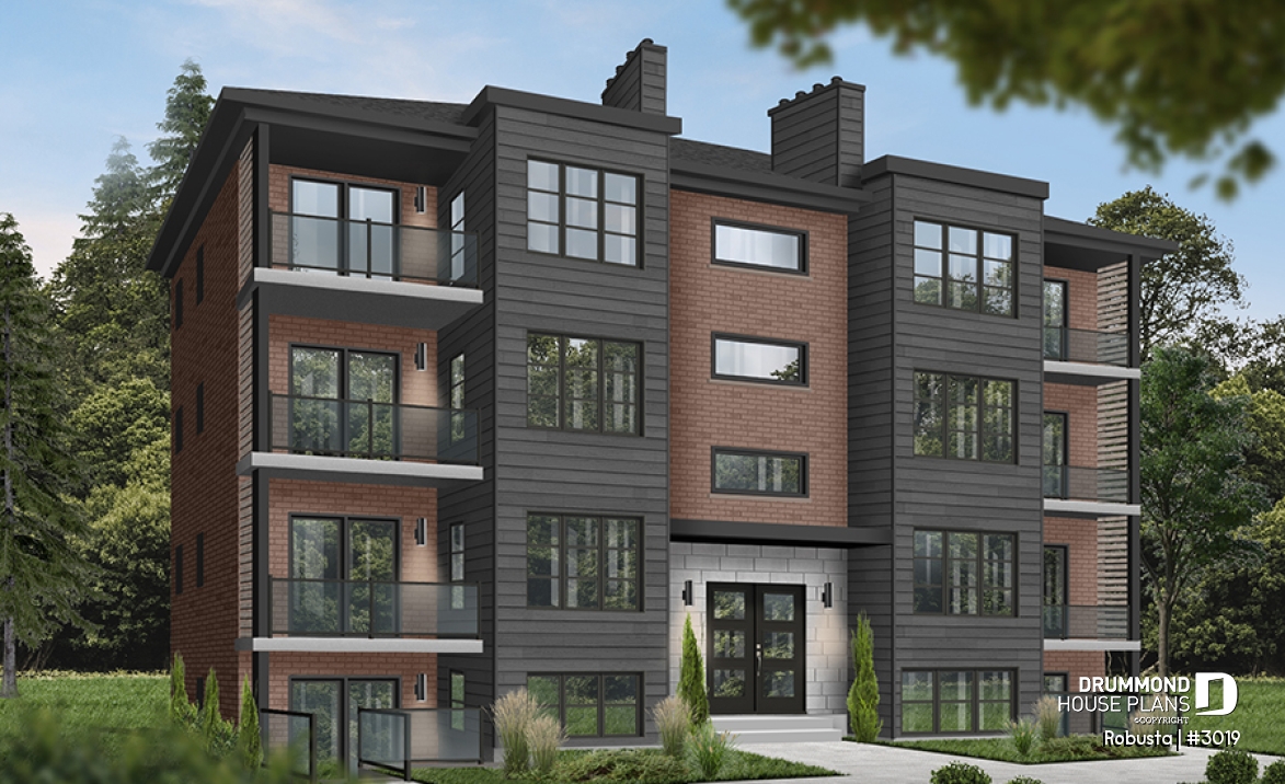front - BASE MODEL - 8 unit apartment building plan, 2 bedrooms, great kitchen, dining and living layout, laundry room, fireplace - Robusta
