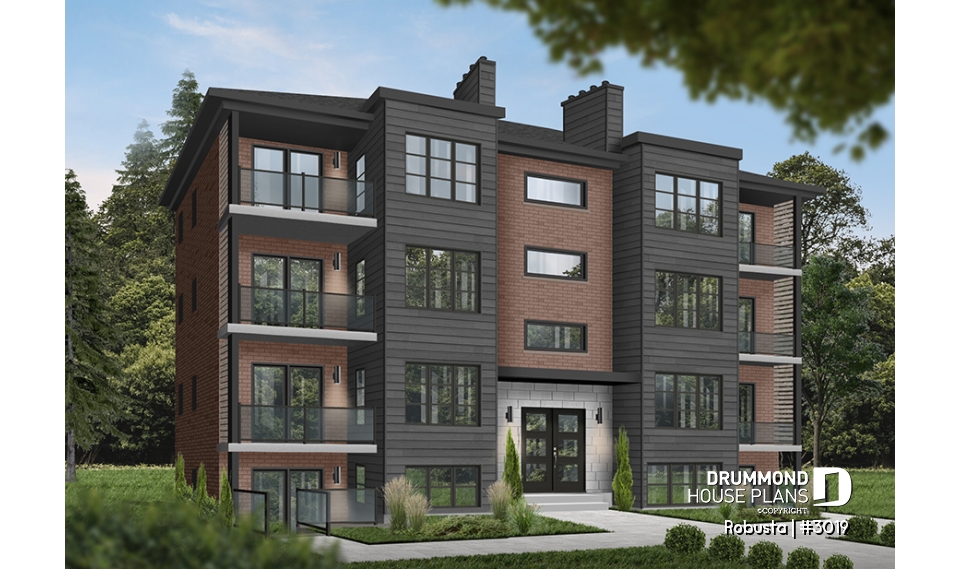 front - BASE MODEL - 8 unit apartment building plan, 2 bedrooms, great kitchen, dining and living layout, laundry room, fireplace - Robusta