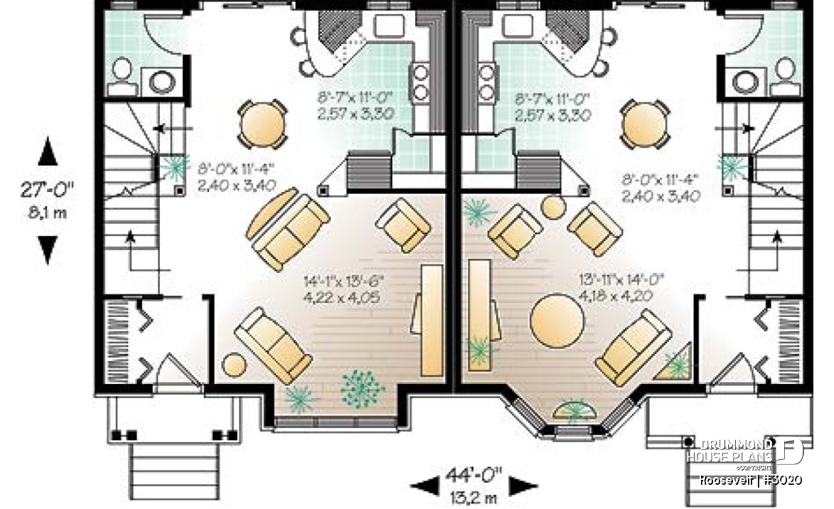 1st level - 2 to 3 bedroom semi-detached building plan, 1.5 baths, open plan concept, pantry in kitchen - Roosevelt