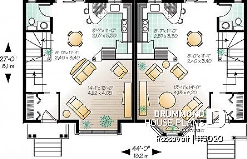 1st level - 2 to 3 bedroom semi-detached building plan, 1.5 baths, open plan concept, pantry in kitchen - Roosevelt