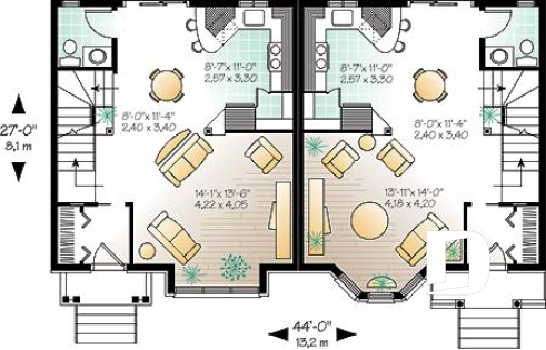 1st level - 2 to 3 bedroom semi-detached building plan, 1.5 baths, open plan concept, pantry in kitchen - Roosevelt