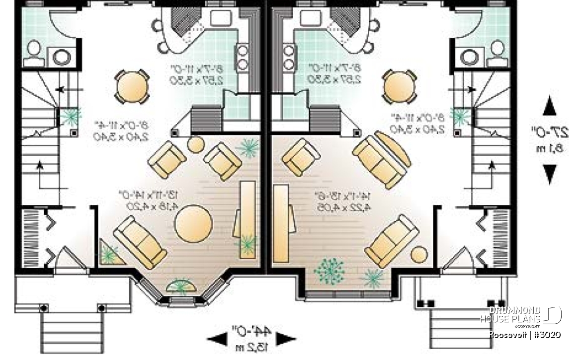 1st level - 2 to 3 bedroom semi-detached building plan, 1.5 baths, open plan concept, pantry in kitchen - Roosevelt