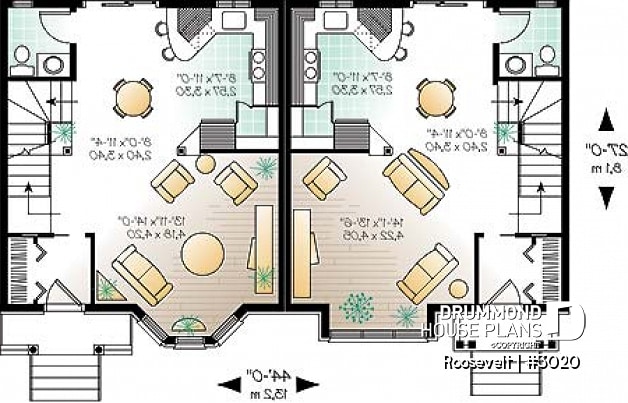 1st level - 2 to 3 bedroom semi-detached building plan, 1.5 baths, open plan concept, pantry in kitchen - Roosevelt