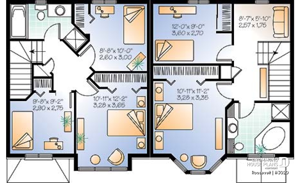 2nd level - 2 to 3 bedroom semi-detached building plan, 1.5 baths, open plan concept, pantry in kitchen - Roosevelt