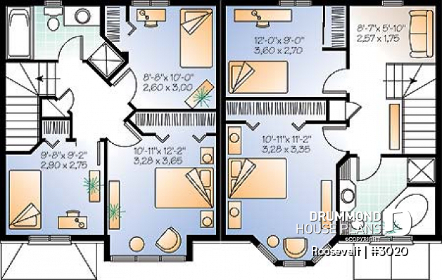 2nd level - 2 to 3 bedroom semi-detached building plan, 1.5 baths, open plan concept, pantry in kitchen - Roosevelt