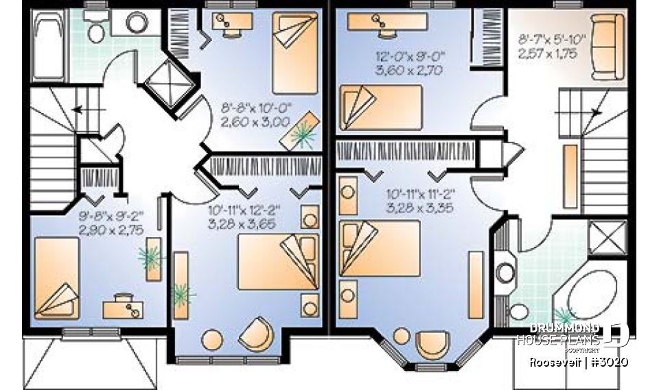 2nd level - 2 to 3 bedroom semi-detached building plan, 1.5 baths, open plan concept, pantry in kitchen - Roosevelt