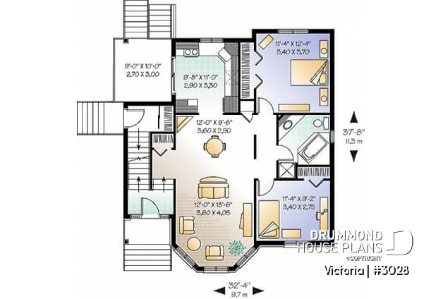 1st level - Duplex house plan with 2 bedroom per unit, open dining and living room, balcony, lots of natural light - Victoria
