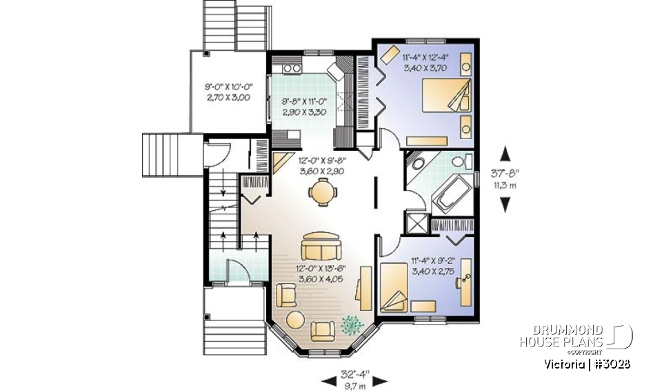 1st level - Duplex house plan with 2 bedroom per unit, open dining and living room, balcony, lots of natural light - Victoria