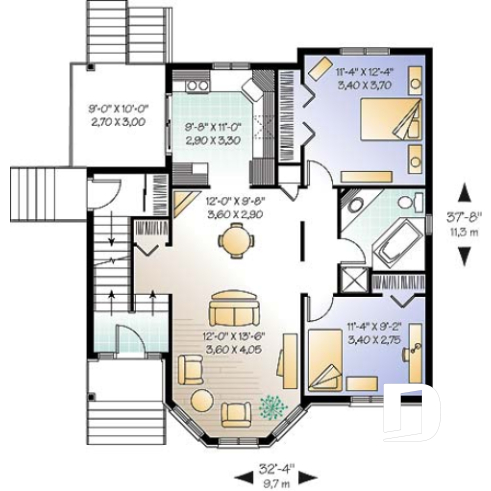 1st level - Duplex house plan with 2 bedroom per unit, open dining and living room, balcony, lots of natural light - Victoria