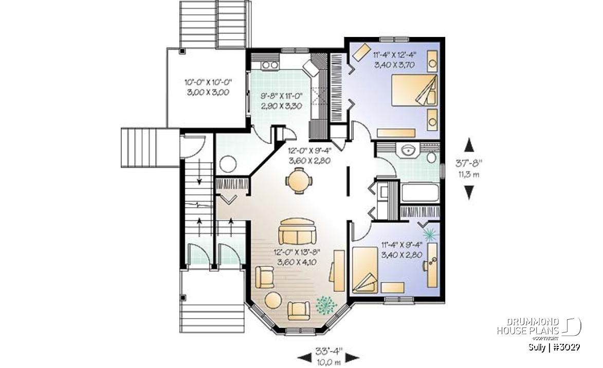 1st level - Triplex house plan with 2 bedrooms, one bathroom and laundry room on each unit, sheltered rear balcony - Sully