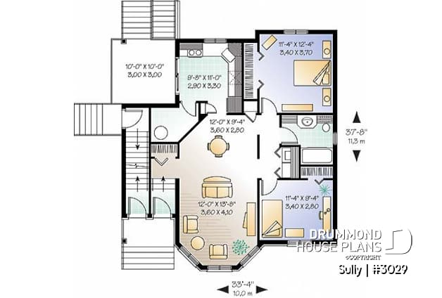 1st level - Triplex house plan with 2 bedrooms, one bathroom and laundry room on each unit, sheltered rear balcony - Sully