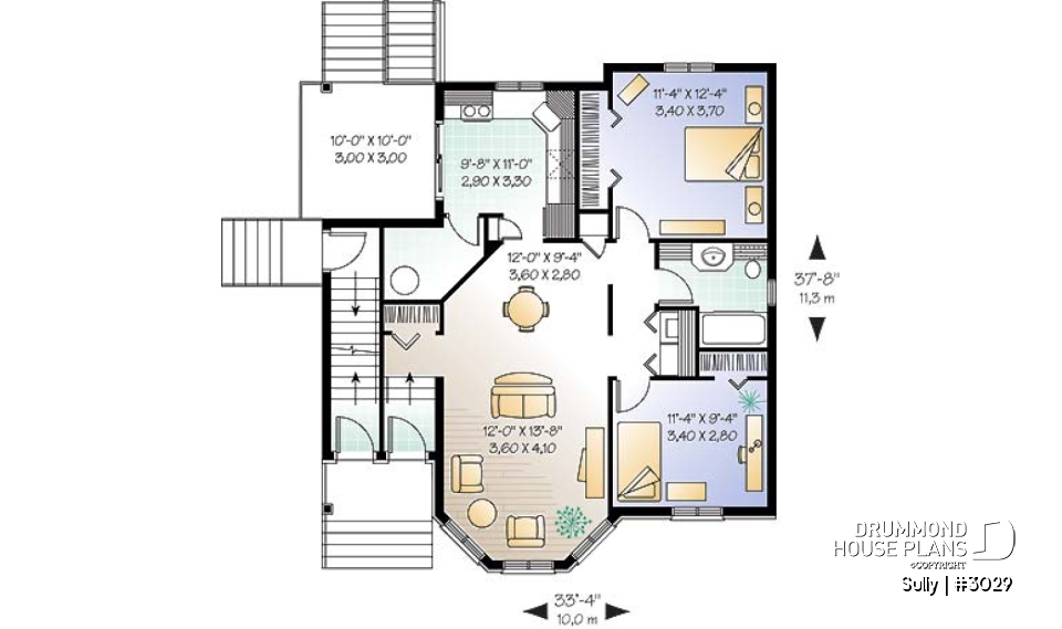 1st level - Triplex house plan with 2 bedrooms, one bathroom and laundry room on each unit, sheltered rear balcony - Sully