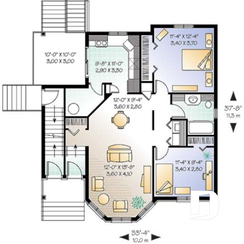 1st level - Triplex house plan with 2 bedrooms, one bathroom and laundry room on each unit, sheltered rear balcony - Sully