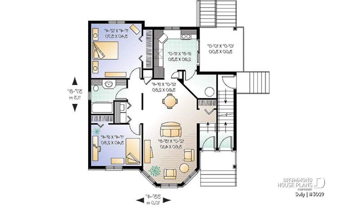 1st level - Triplex house plan with 2 bedrooms, one bathroom and laundry room on each unit, sheltered rear balcony - Sully