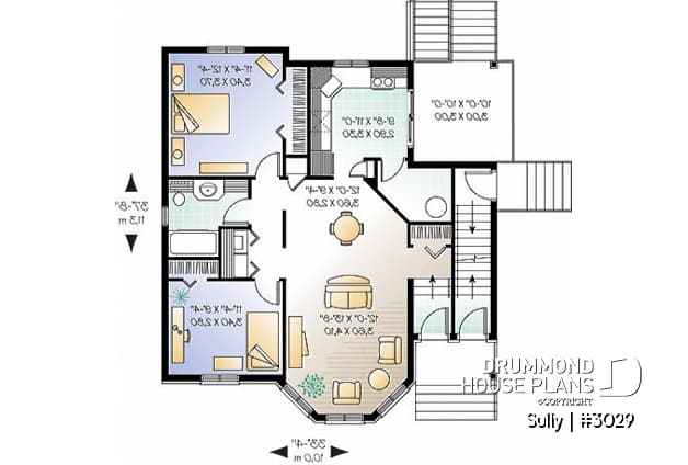 1st level - Triplex house plan with 2 bedrooms, one bathroom and laundry room on each unit, sheltered rear balcony - Sully