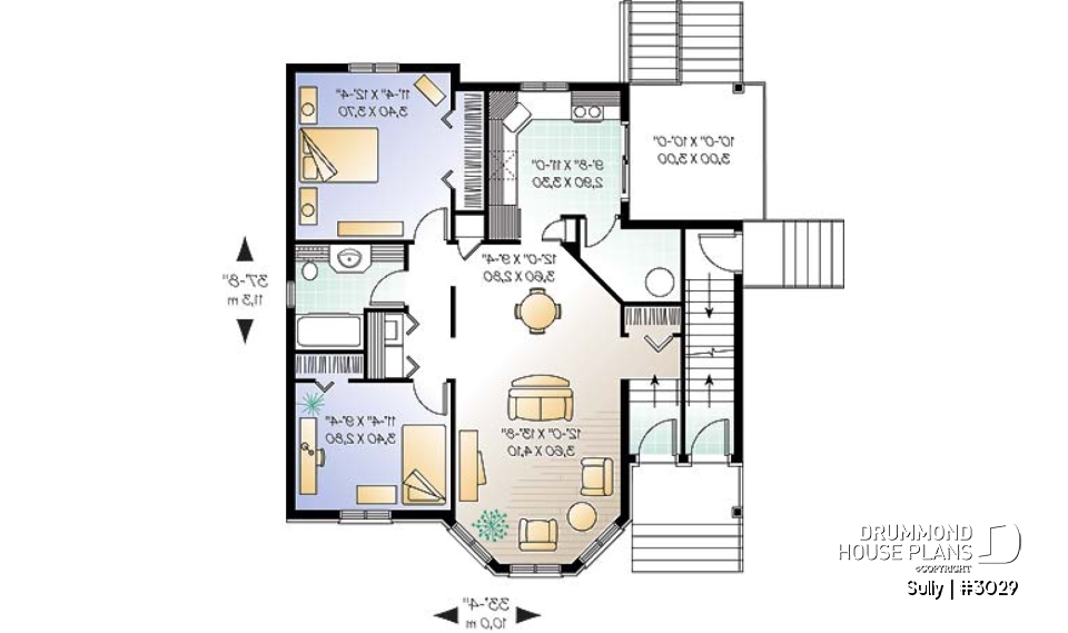 1st level - Triplex house plan with 2 bedrooms, one bathroom and laundry room on each unit, sheltered rear balcony - Sully