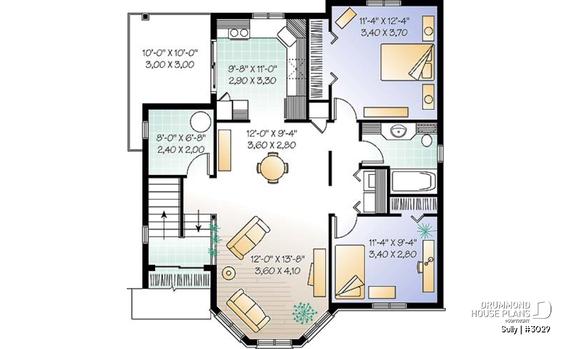 2nd level - Triplex house plan with 2 bedrooms, one bathroom and laundry room on each unit, sheltered rear balcony - Sully