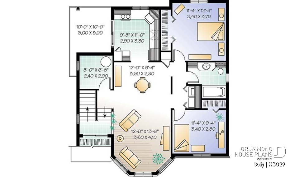 2nd level - Triplex house plan with 2 bedrooms, one bathroom and laundry room on each unit, sheltered rear balcony - Sully