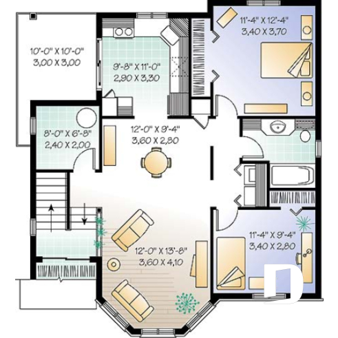 2nd level - Triplex house plan with 2 bedrooms, one bathroom and laundry room on each unit, sheltered rear balcony - Sully