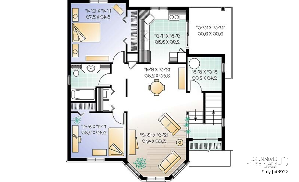 2nd level - Triplex house plan with 2 bedrooms, one bathroom and laundry room on each unit, sheltered rear balcony - Sully