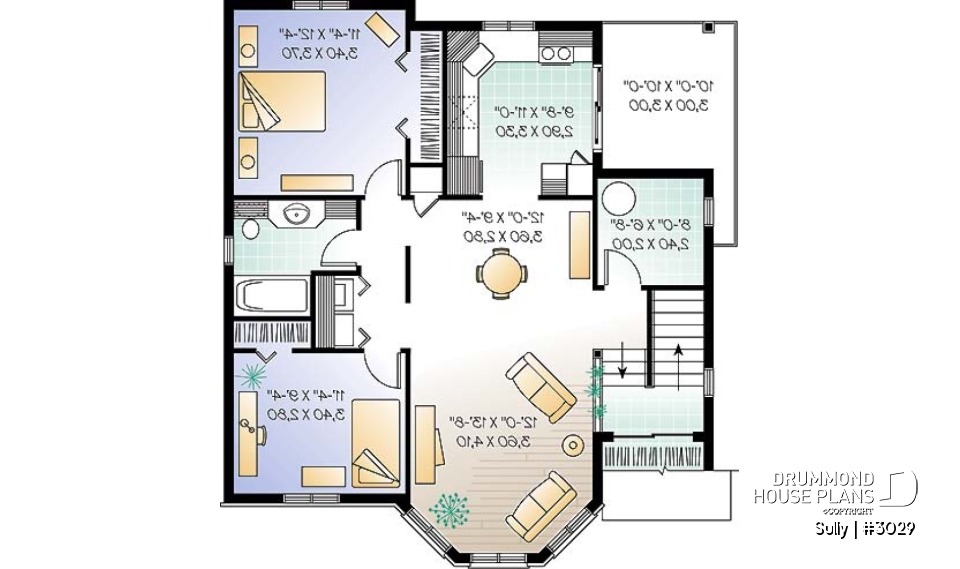 2nd level - Triplex house plan with 2 bedrooms, one bathroom and laundry room on each unit, sheltered rear balcony - Sully