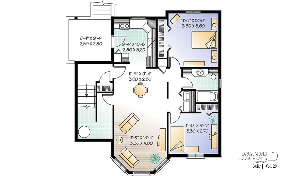 Basement - Triplex house plan with 2 bedrooms, one bathroom and laundry room on each unit, sheltered rear balcony - Sully