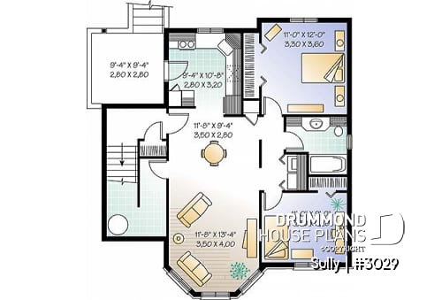 Basement - Triplex house plan with 2 bedrooms, one bathroom and laundry room on each unit, sheltered rear balcony - Sully