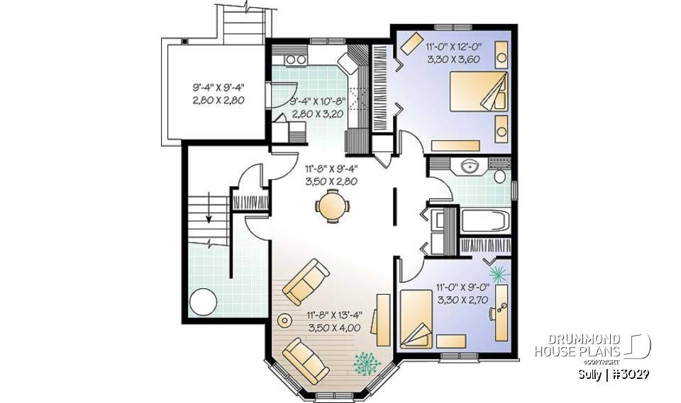 Basement - Triplex house plan with 2 bedrooms, one bathroom and laundry room on each unit, sheltered rear balcony - Sully