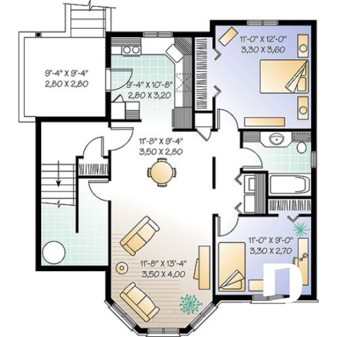Basement - Triplex house plan with 2 bedrooms, one bathroom and laundry room on each unit, sheltered rear balcony - Sully