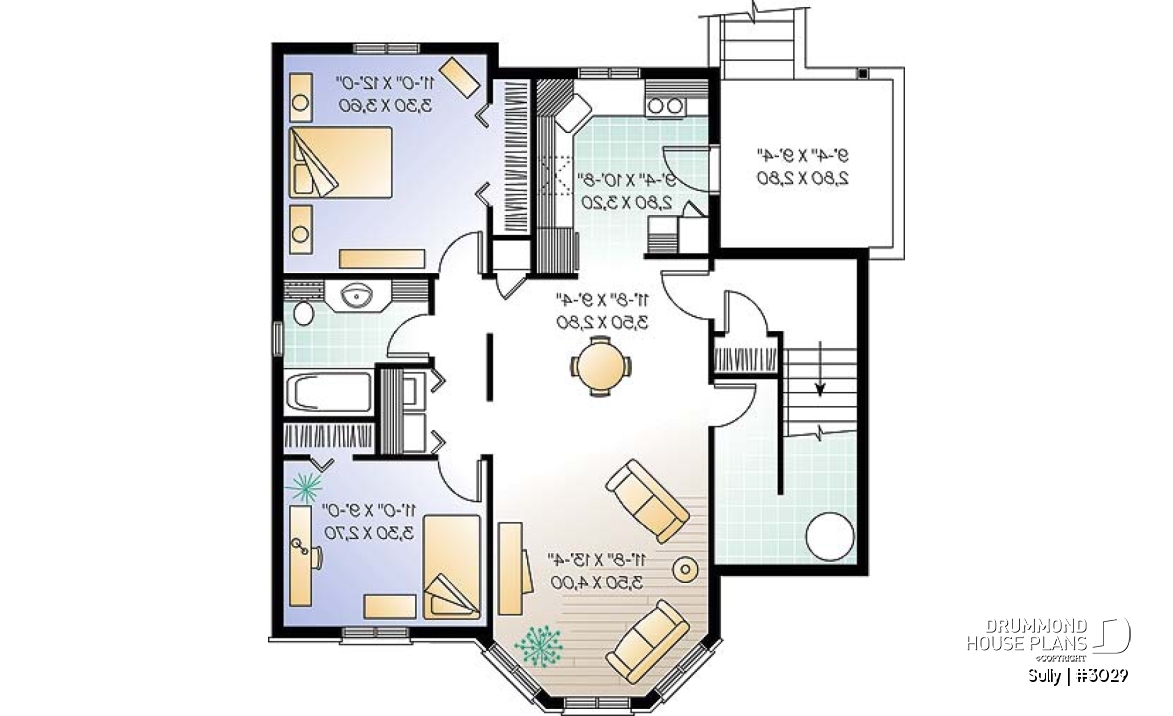 Basement - Triplex house plan with 2 bedrooms, one bathroom and laundry room on each unit, sheltered rear balcony - Sully