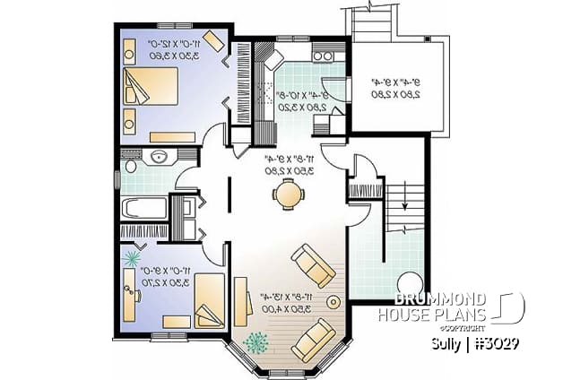 Basement - Triplex house plan with 2 bedrooms, one bathroom and laundry room on each unit, sheltered rear balcony - Sully