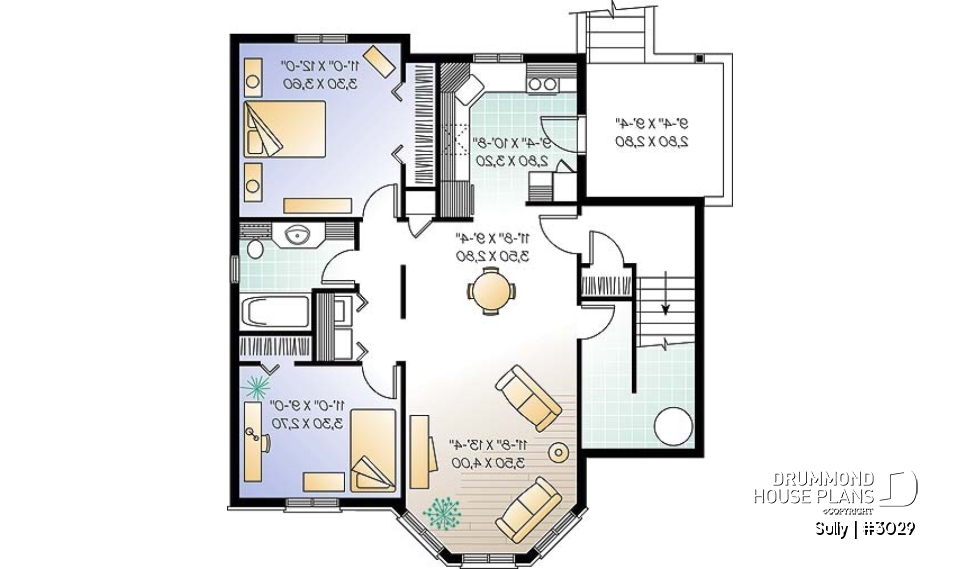 Basement - Triplex house plan with 2 bedrooms, one bathroom and laundry room on each unit, sheltered rear balcony - Sully