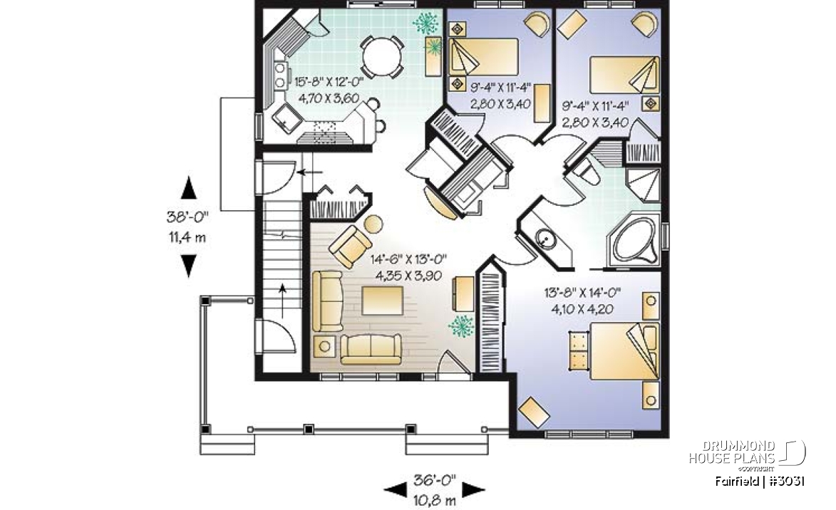 1st level - Duplex house plan with 3 bedrooms and laundry closet on each unit and a rear balcony.  - Fairfield