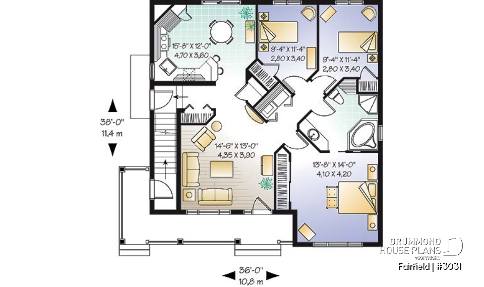 1st level - Duplex house plan with 3 bedrooms and laundry closet on each unit and a rear balcony.  - Fairfield