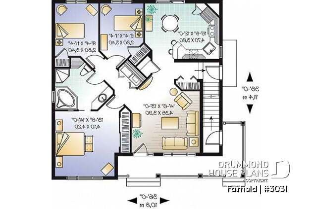 1st level - Duplex house plan with 3 bedrooms and laundry closet on each unit and a rear balcony.  - Fairfield