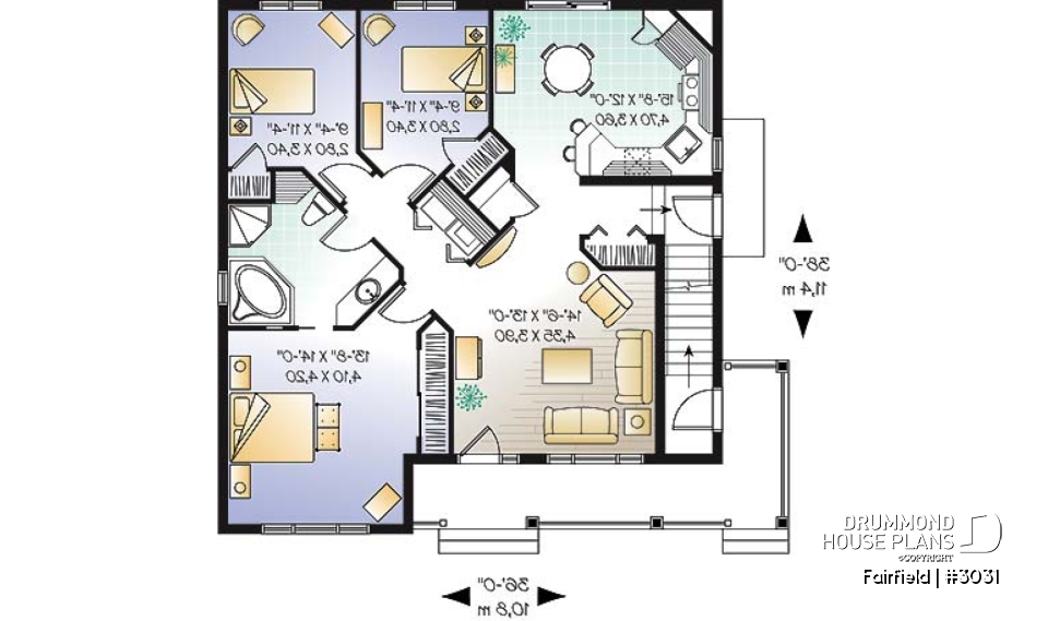 1st level - Duplex house plan with 3 bedrooms and laundry closet on each unit and a rear balcony.  - Fairfield