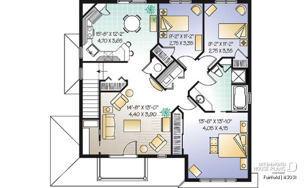 2nd level - Duplex house plan with 3 bedrooms and laundry closet on each unit and a rear balcony.  - Fairfield