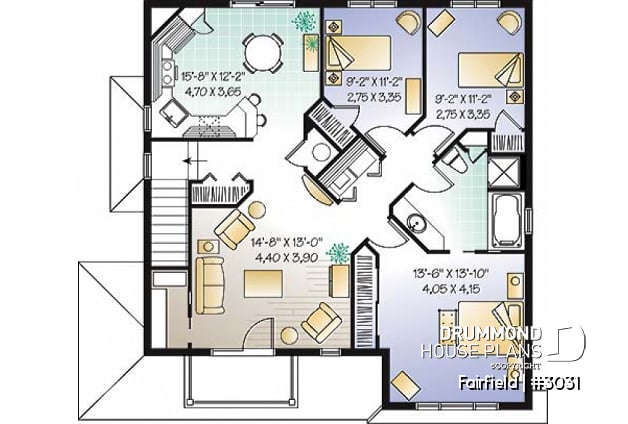 2nd level - Duplex house plan with 3 bedrooms and laundry closet on each unit and a rear balcony.  - Fairfield