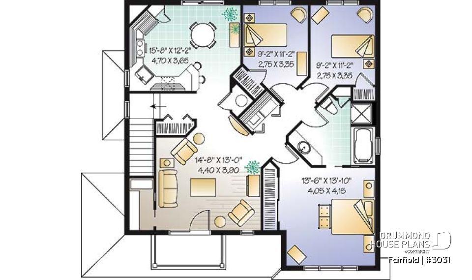 2nd level - Duplex house plan with 3 bedrooms and laundry closet on each unit and a rear balcony.  - Fairfield